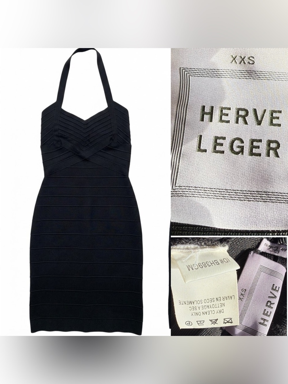Hérve Léger Black Bandage Halter Mini Dress Size XXS Criss Cross Bodycon Sexy